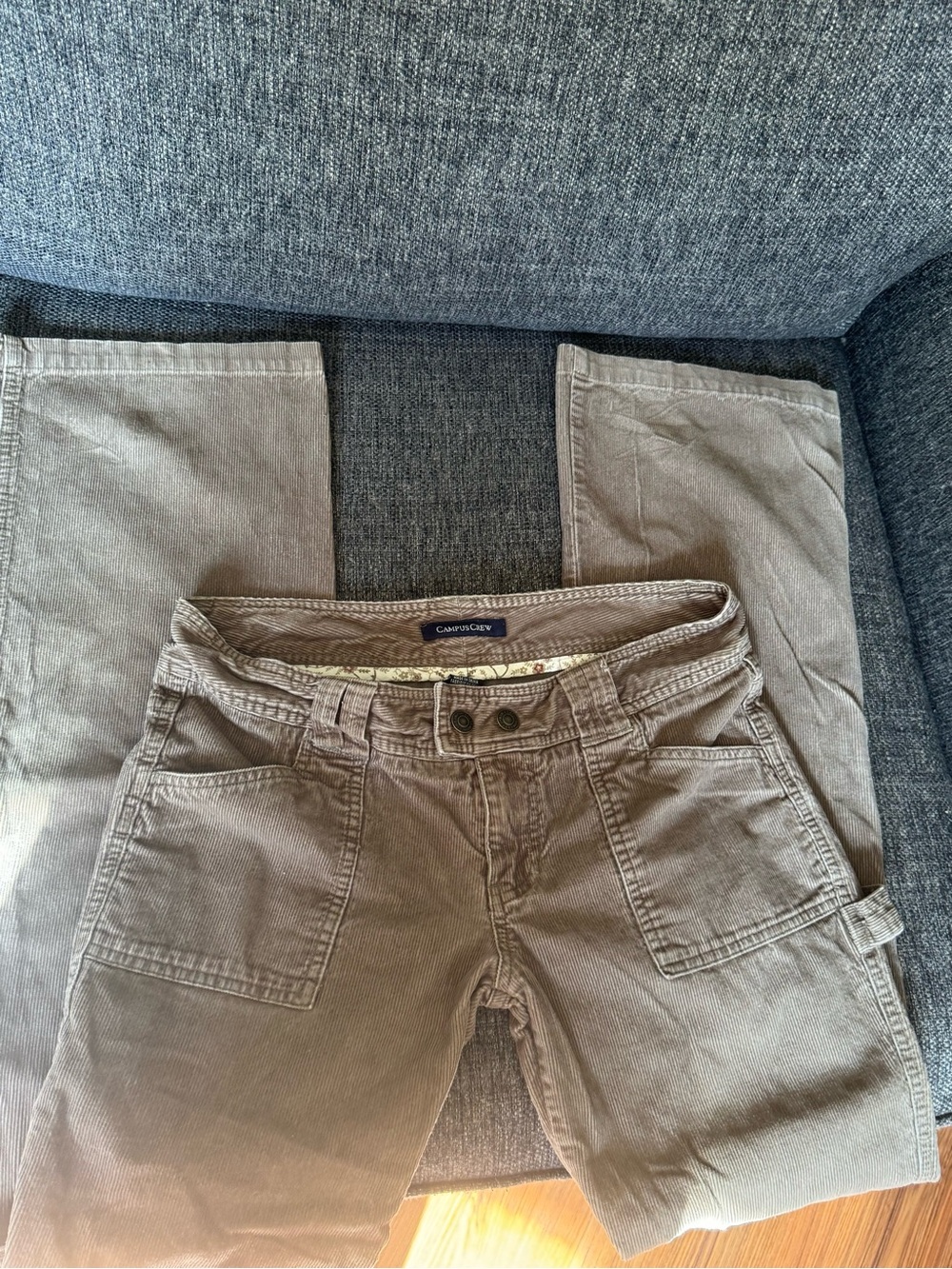 Y2K Low To Mid Rise Campus Crew Double-Button Corduroy Pants in Light Taupe